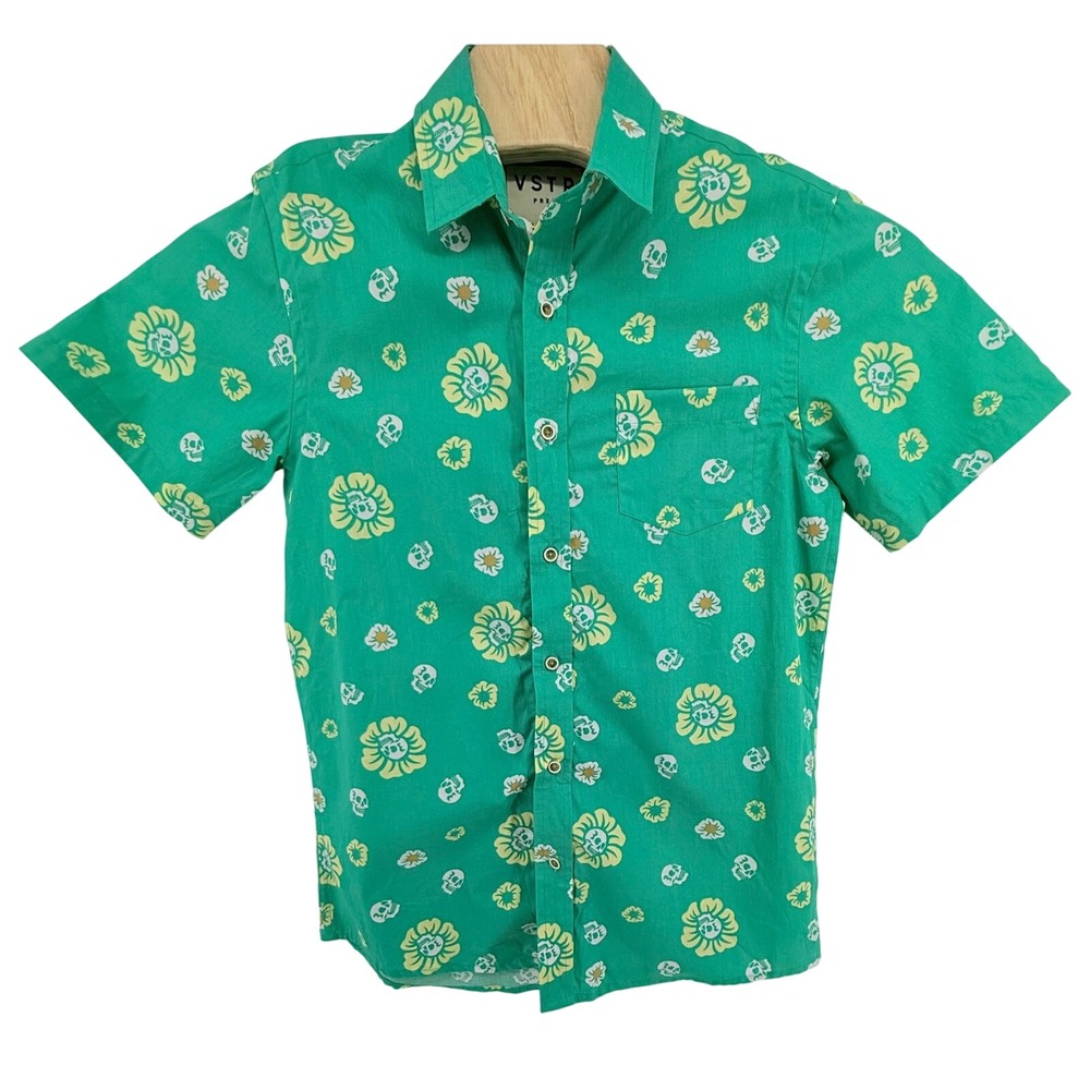 VSTR Premium Button Up Shirt Mens Small Green Floral Skull Short Sleeve‎ Cotton